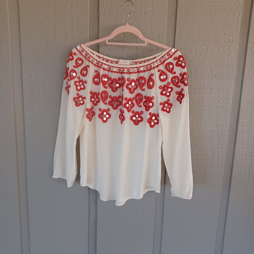 Tory Burch Leyla Silk Peasant Blouse Size Size 6 Women Embroidered Off Shoulder